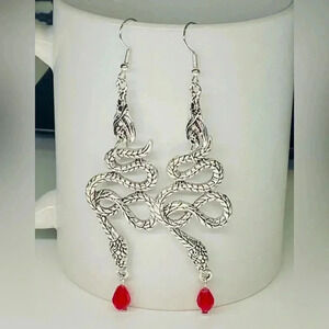 Silver Snake Red Bead Drop Earrings NWT